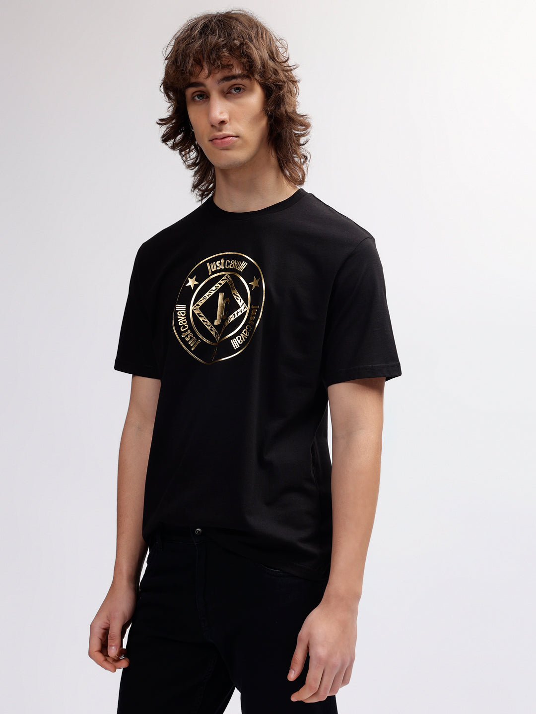 Just Cavalli Men Black Printed Round Neck Short Sleeves T-shirt