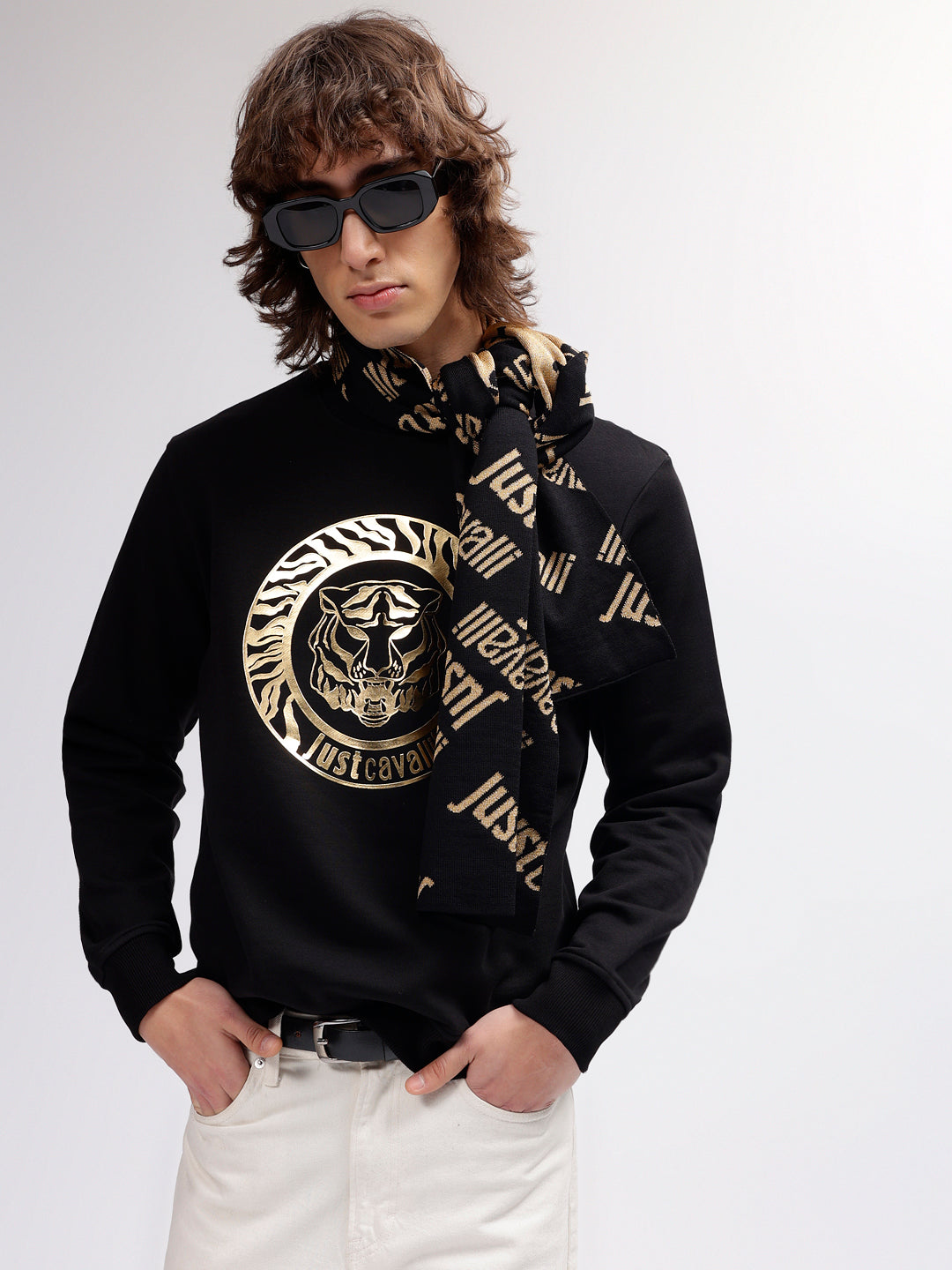 Just Cavalli Men Black Printed Round Neck Full Sleeves Sweatshirt