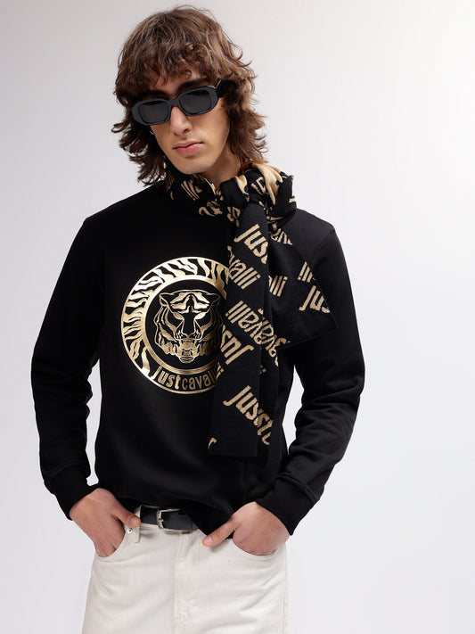 Just Cavalli Men Black Printed Round Neck Full Sleeves Sweatshirt