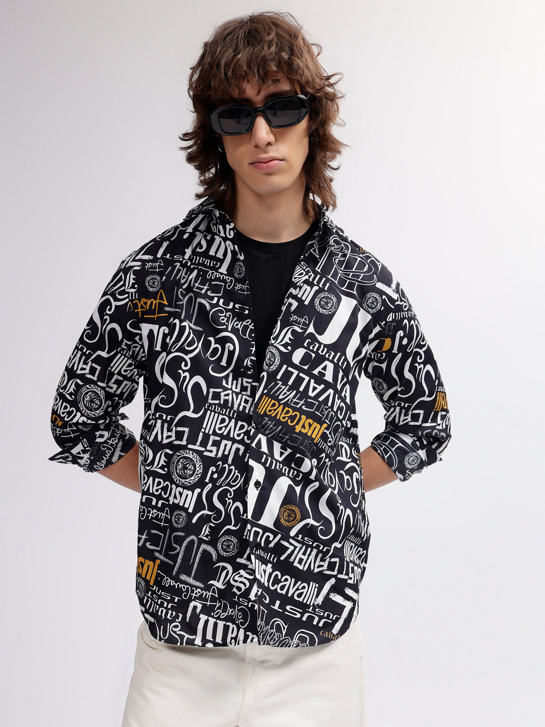 Just Cavalli Men Black Printed Spread Collar Full Sleeves Shirt
