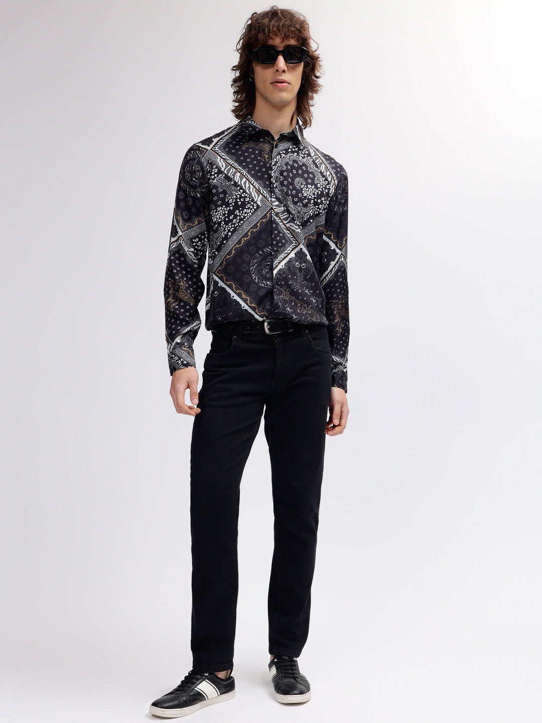 Just Cavalli Men Navy Blue Printed Spread Collar Full Sleeves Shirt