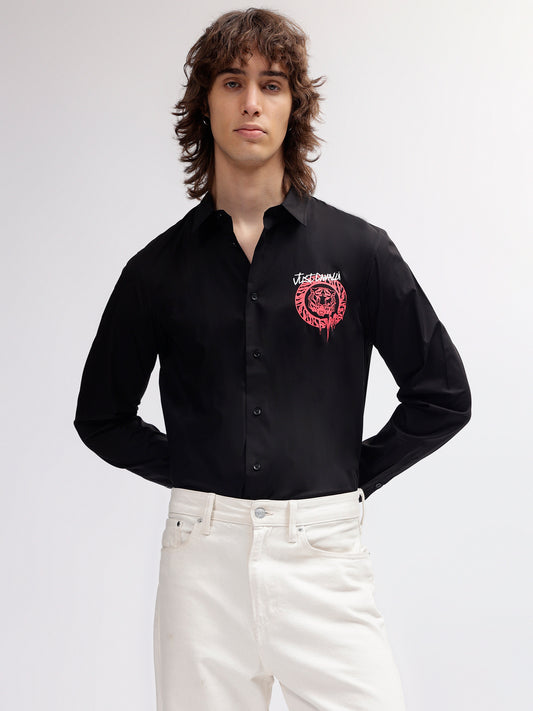 Just Cavalli Men Black Solid Spread Collar Full Sleeves Shirt