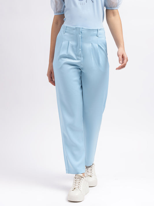 Elle Women Blue Solid Straight Fit High-Rise Trouser