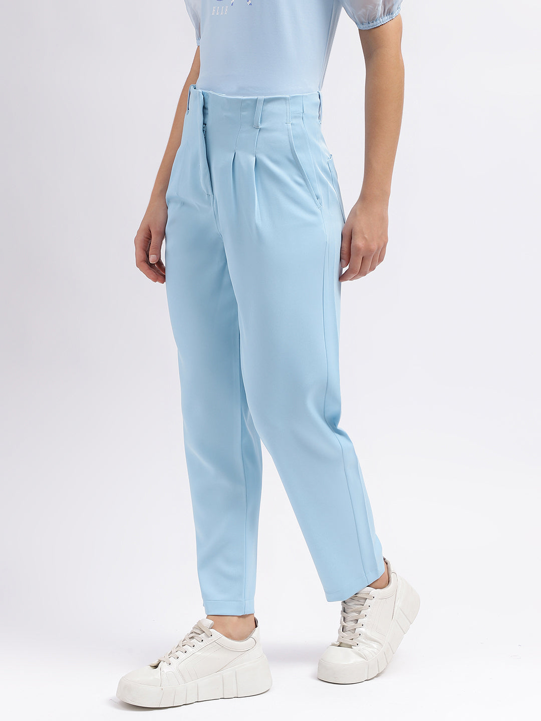 Elle Women Blue Solid Straight Fit High-Rise Trouser