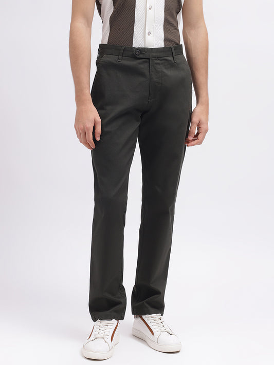 Iconic Men Olive Solid Regular Fit Mid-Rise Trouser
