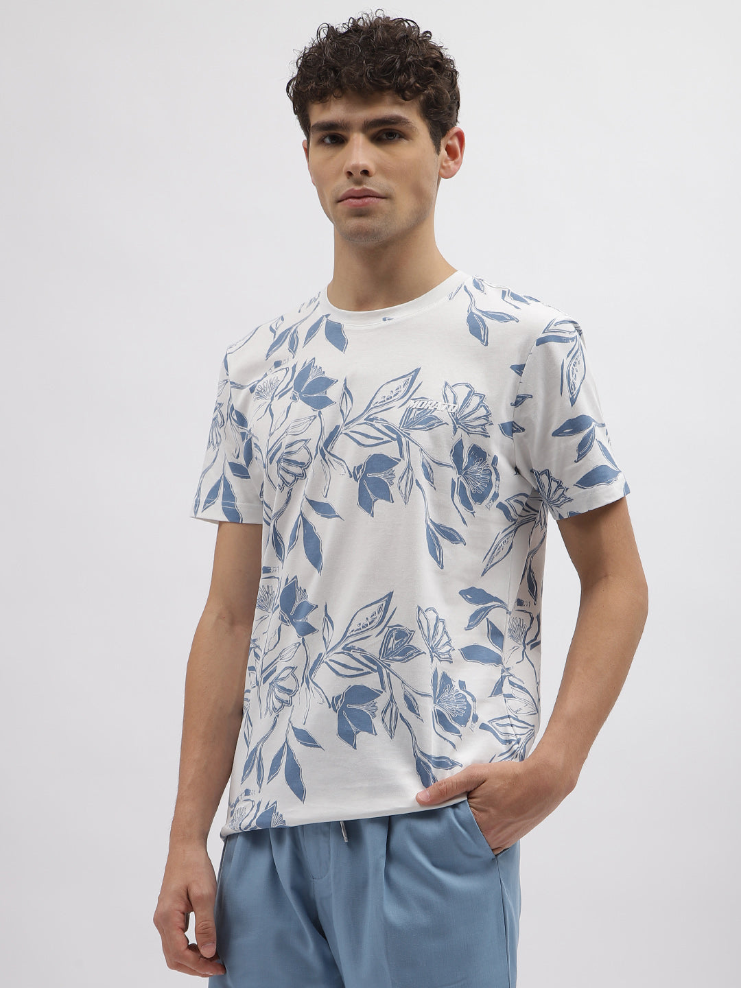 Antony Morato Men Blue Printed Round Neck Short Sleeves Tshirt