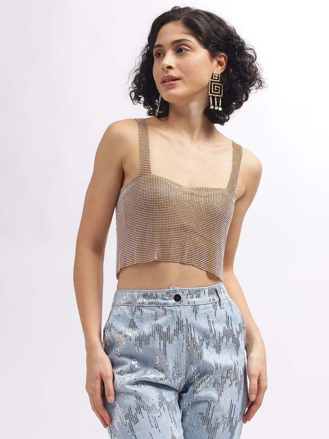 Centre Stage Women Gold Solid Square Neck Sleeveless Top