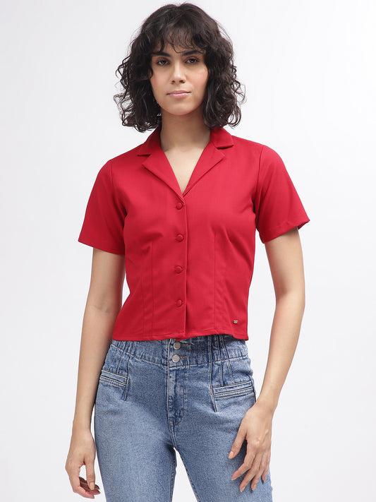 Elle Women Red Solid Resort Colar Short Sleeves Shirt