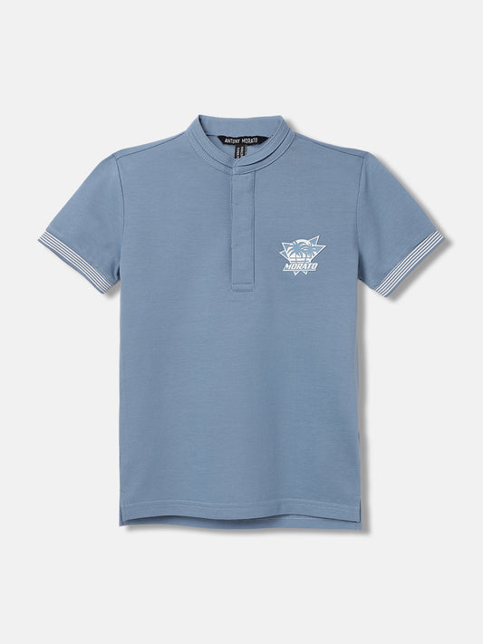 Antony Morato Boys Blue Solid Henley Short Sleeves Tshirt