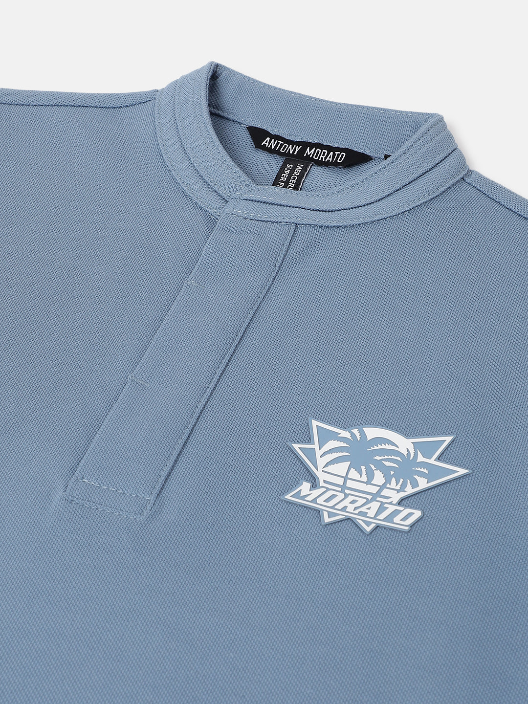 Antony Morato Boys Blue Solid Henley Short Sleeves Tshirt