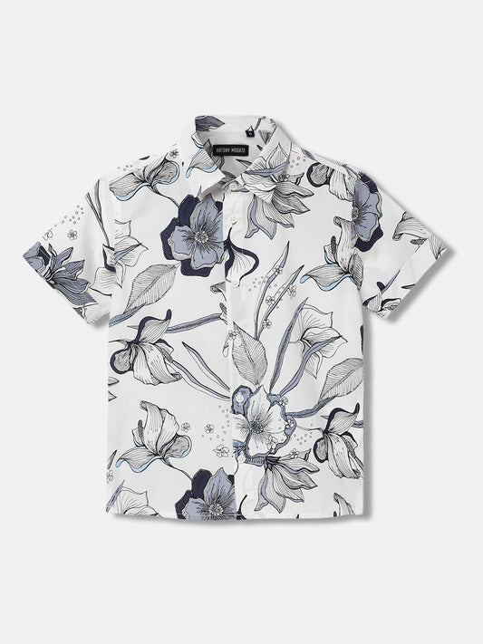 Antony Morato Boys Cream Printed Spread Collar Short Sleeves Shirt