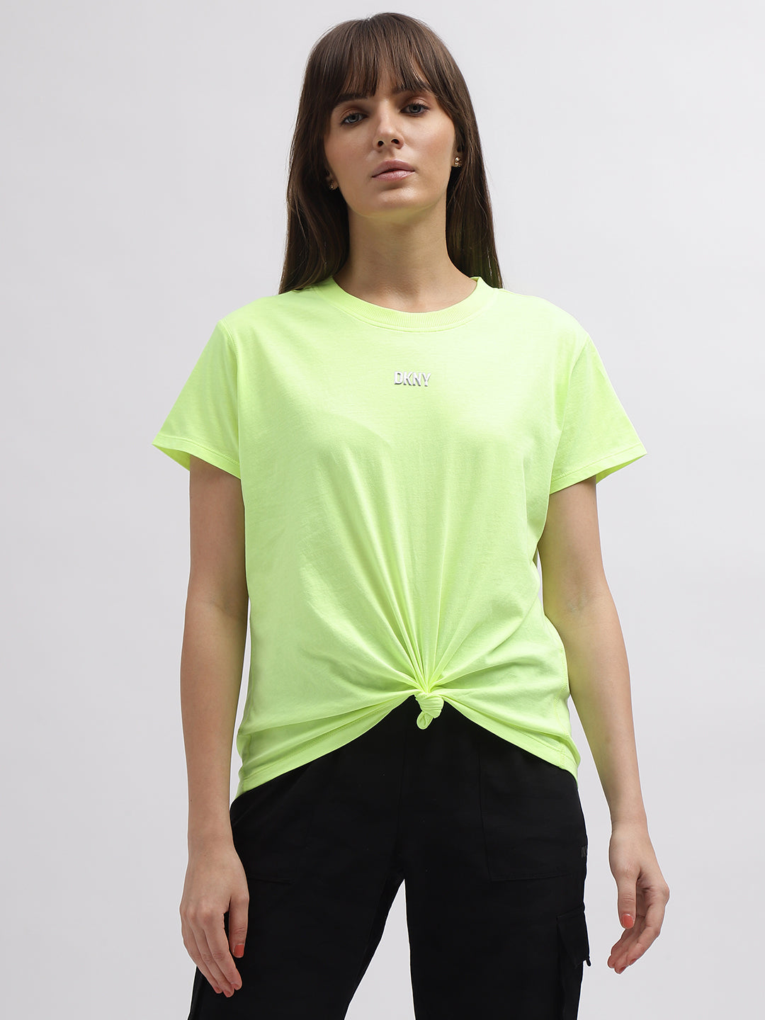 Dkny Women Green Solid Round Neck Short Sleeves Tshirt