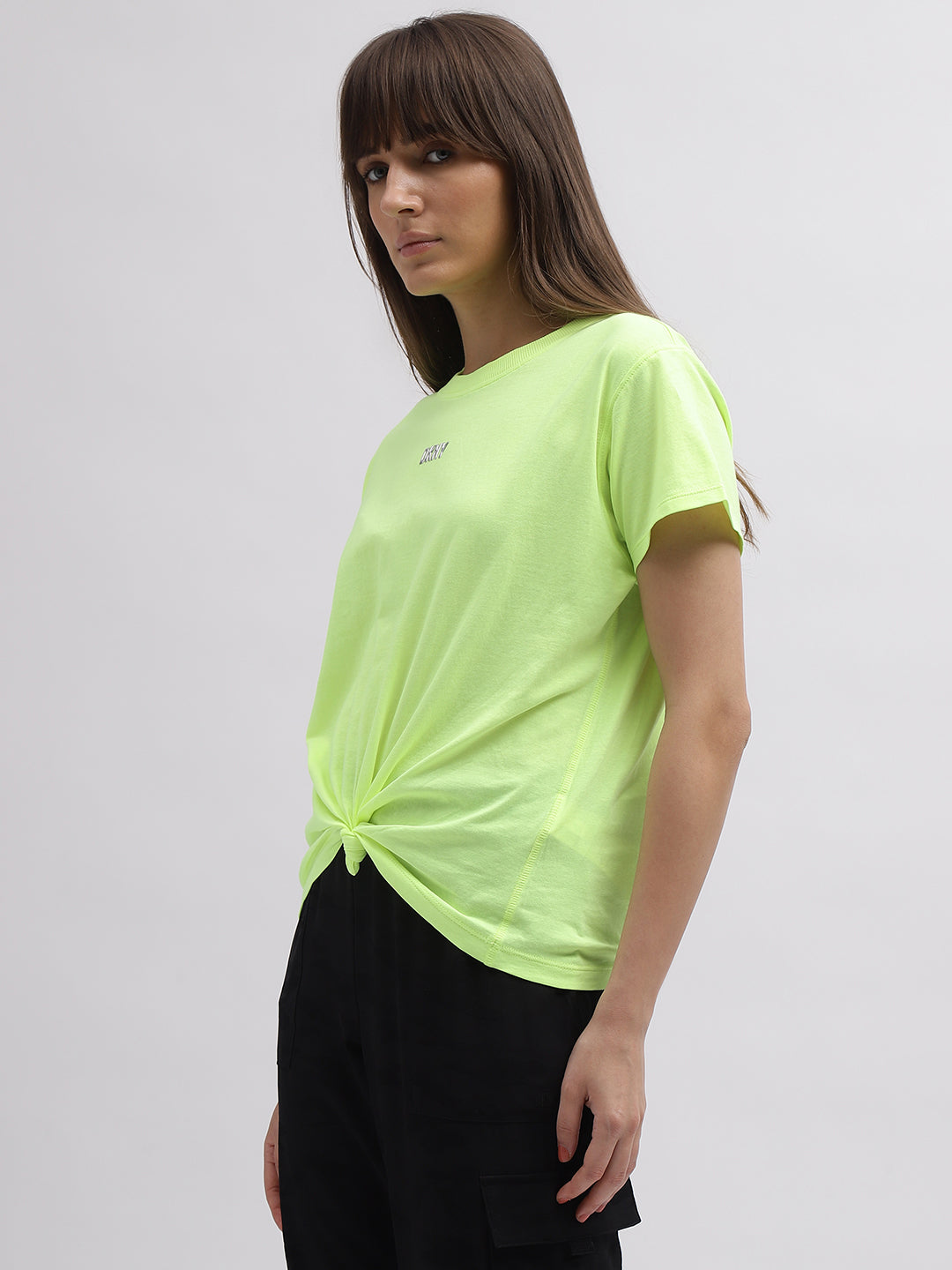 Dkny Women Green Solid Round Neck Short Sleeves Tshirt