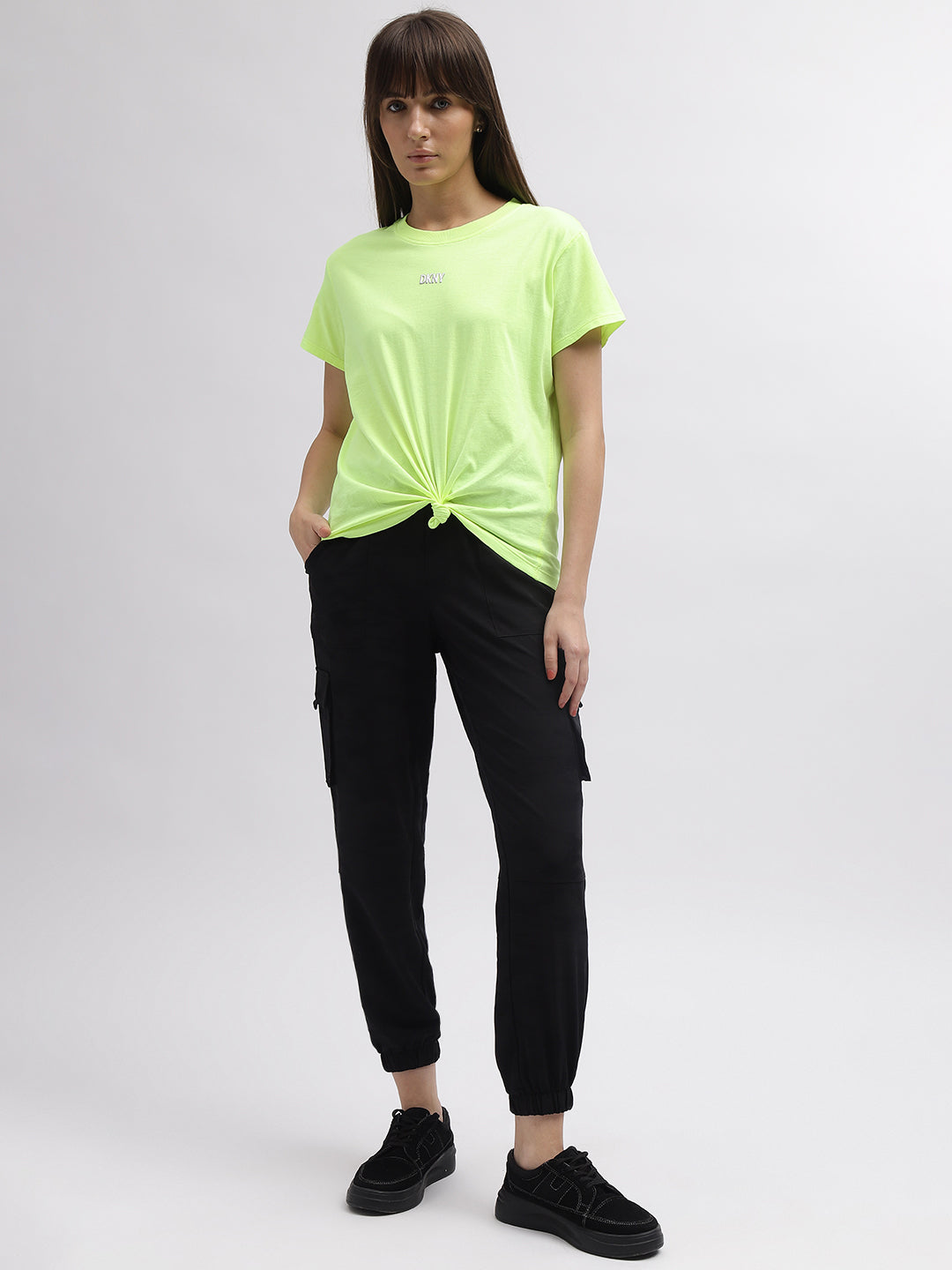Dkny Women Green Solid Round Neck Short Sleeves Tshirt