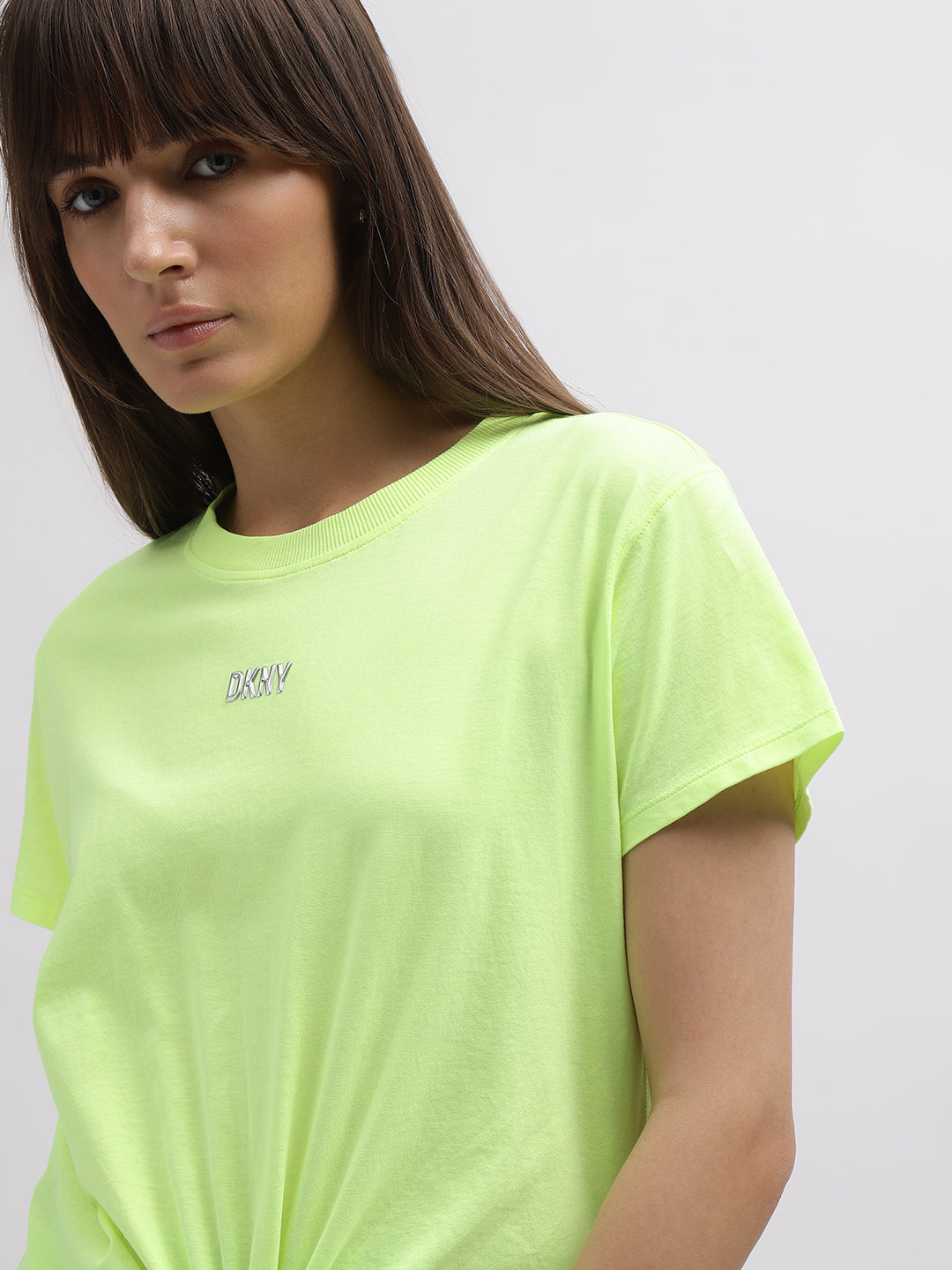 Dkny Women Green Solid Round Neck Short Sleeves Tshirt