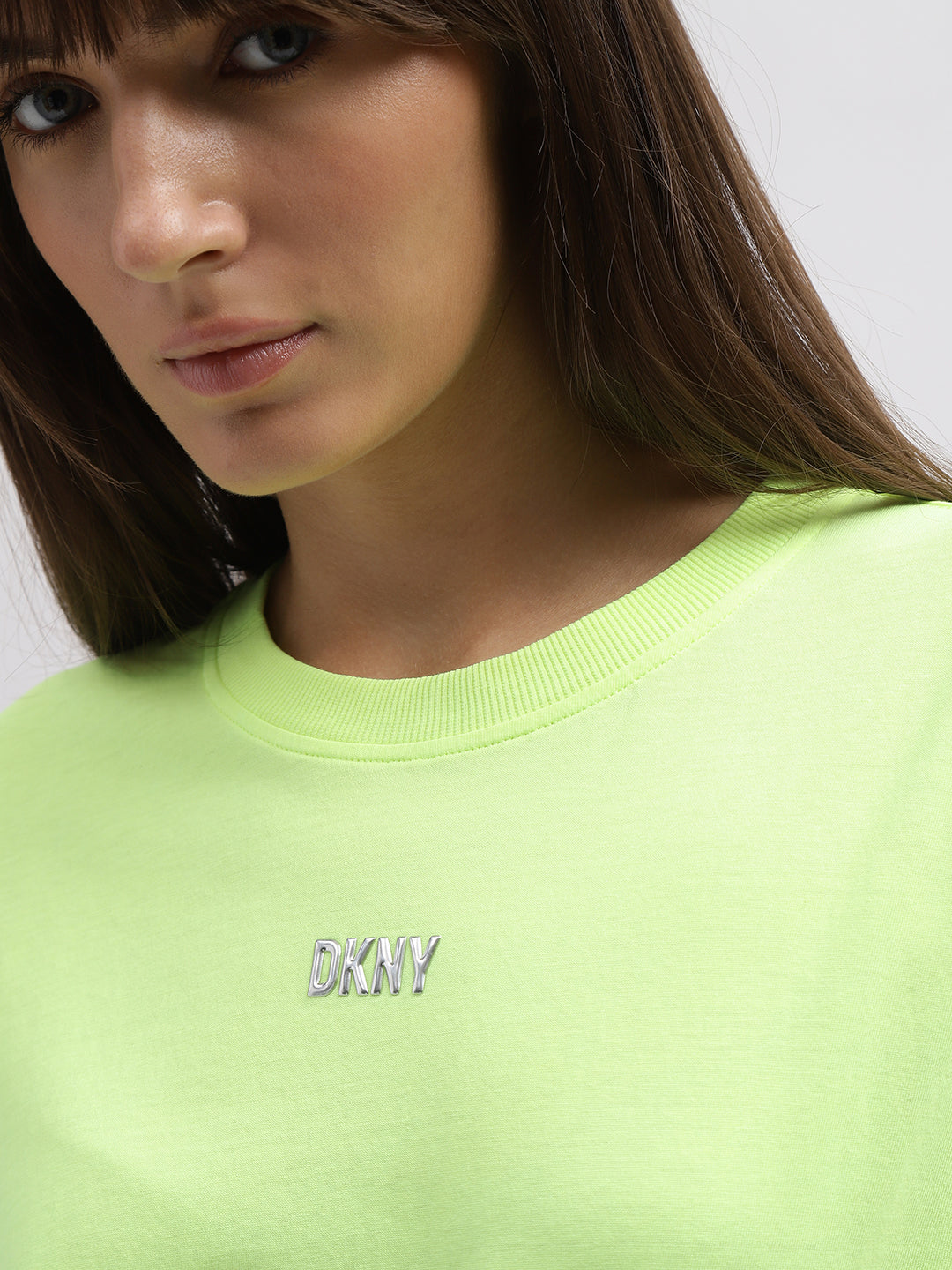 Dkny Women Green Solid Round Neck Short Sleeves Tshirt