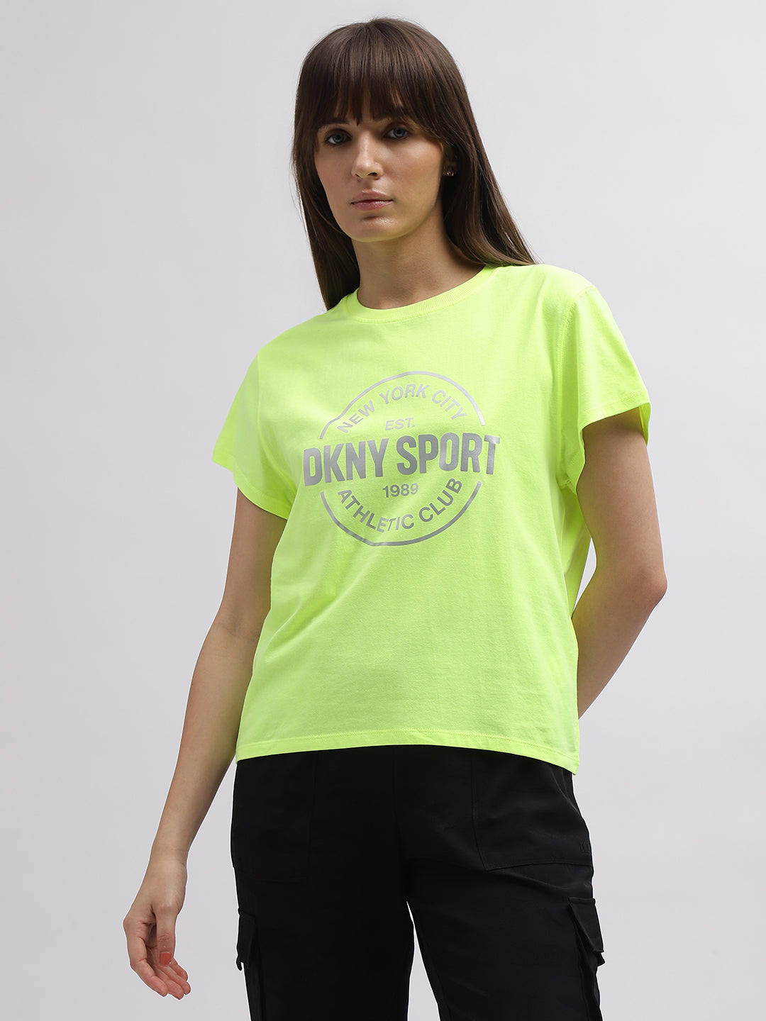 Dkny Women Green Printed Round Neck Short Sleeves Tshirt