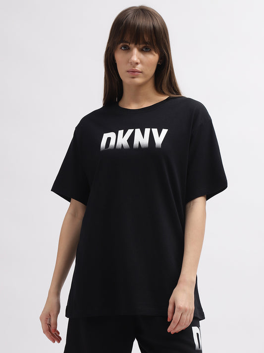 Dkny Women Black Printed Round Neck Short Sleeves Tshirt