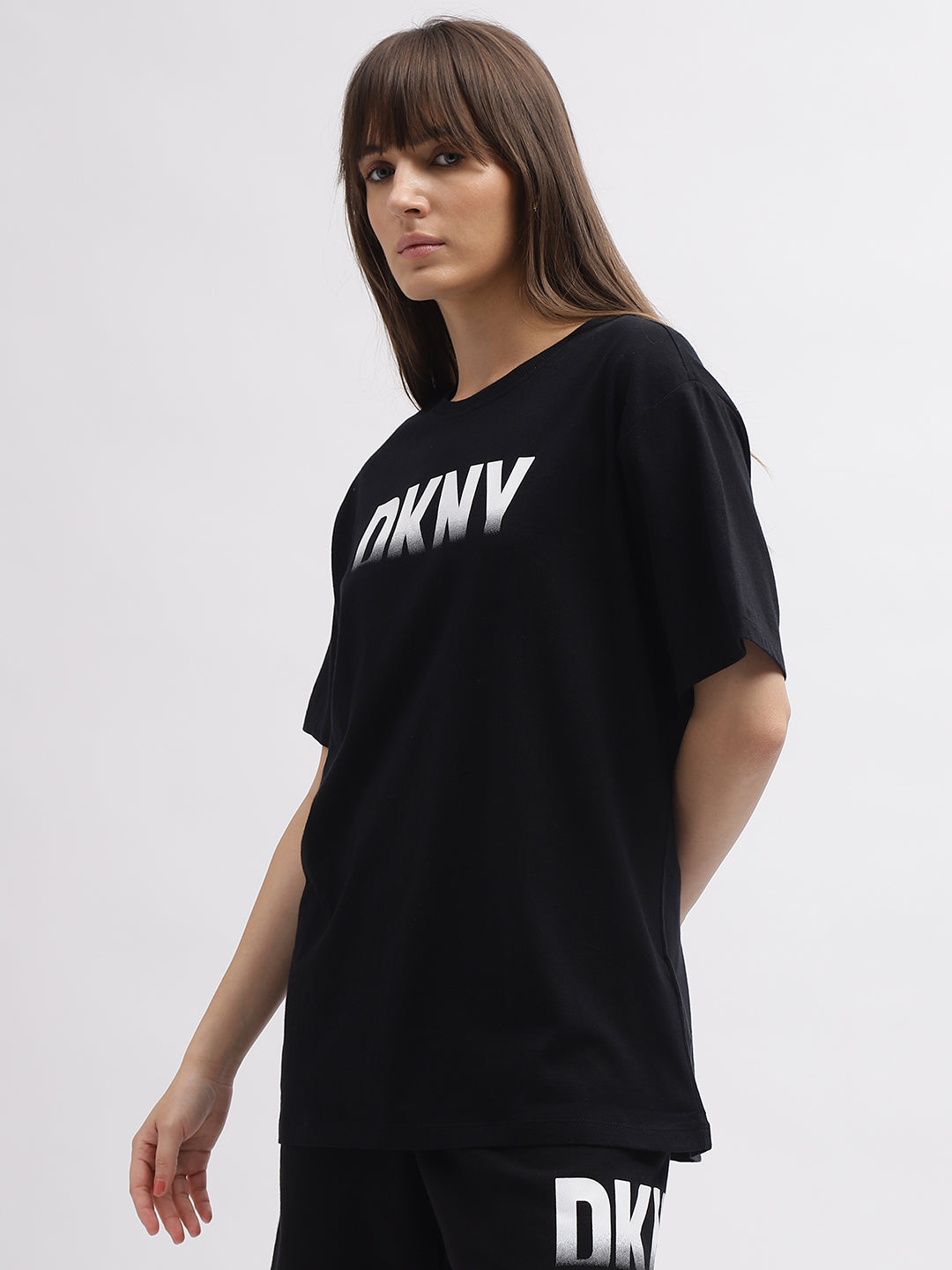 Dkny Women Black Printed Round Neck Short Sleeves Tshirt
