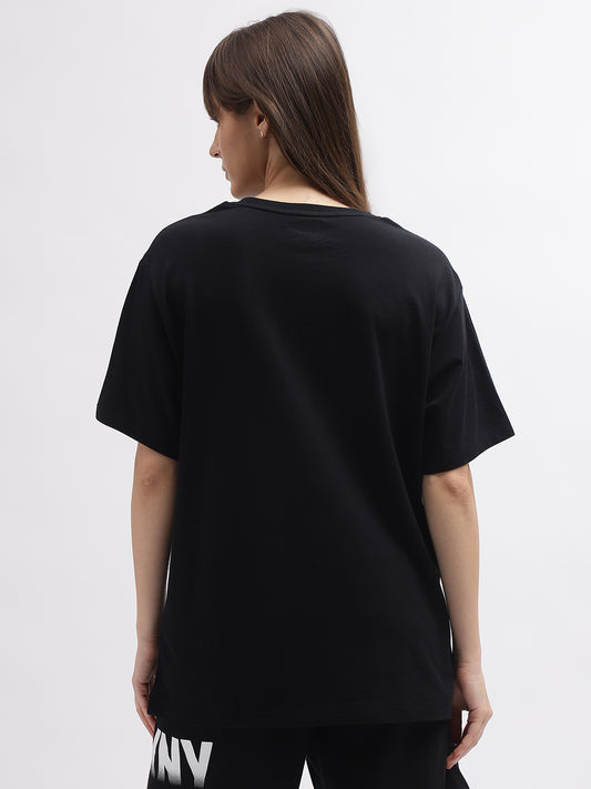 Dkny Women Black Printed Round Neck Short Sleeves Tshirt