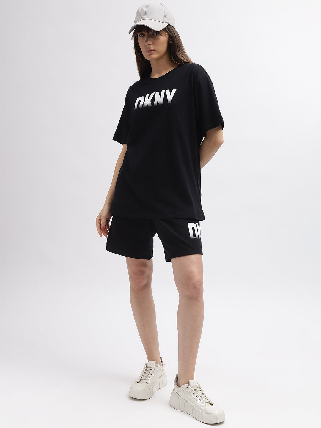 Dkny Women Black Printed Round Neck Short Sleeves Tshirt