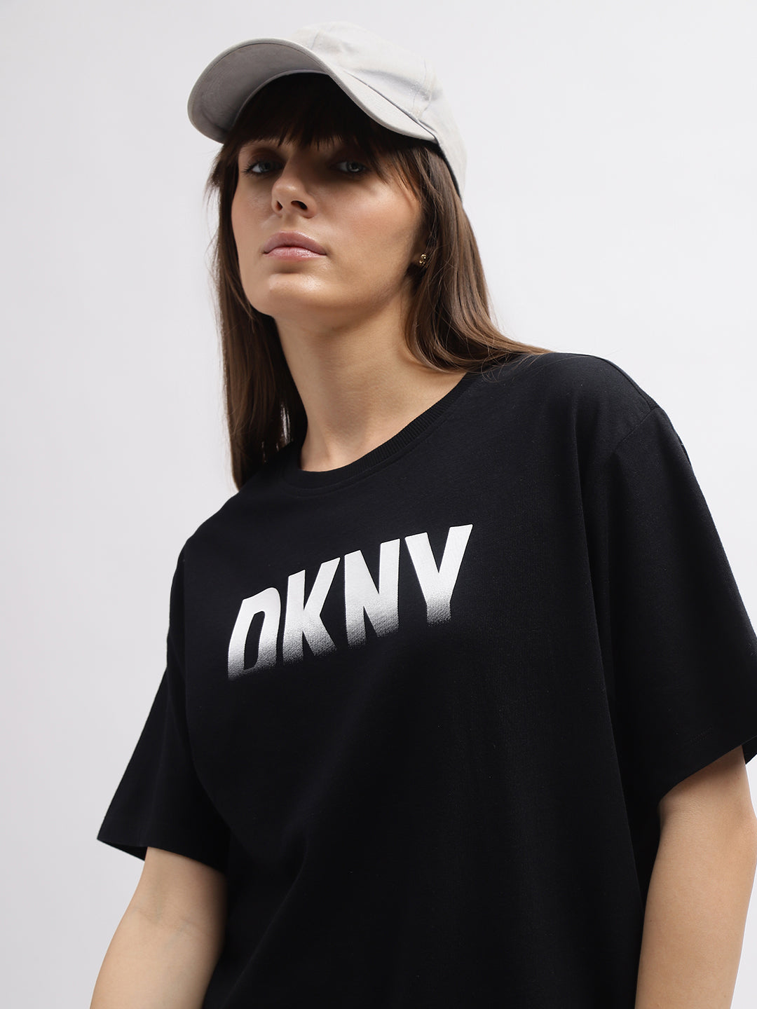 Dkny Women Black Printed Round Neck Short Sleeves Tshirt
