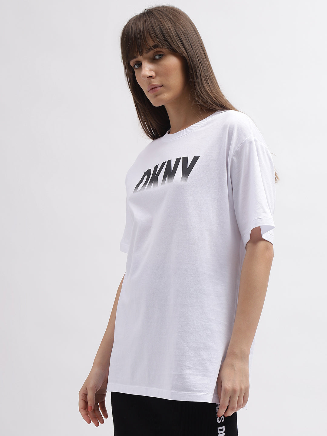 Dkny Women White Printed Round Neck Short Sleeves Tshirt