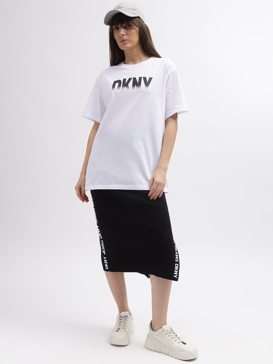 Dkny Women White Printed Round Neck Short Sleeves Tshirt