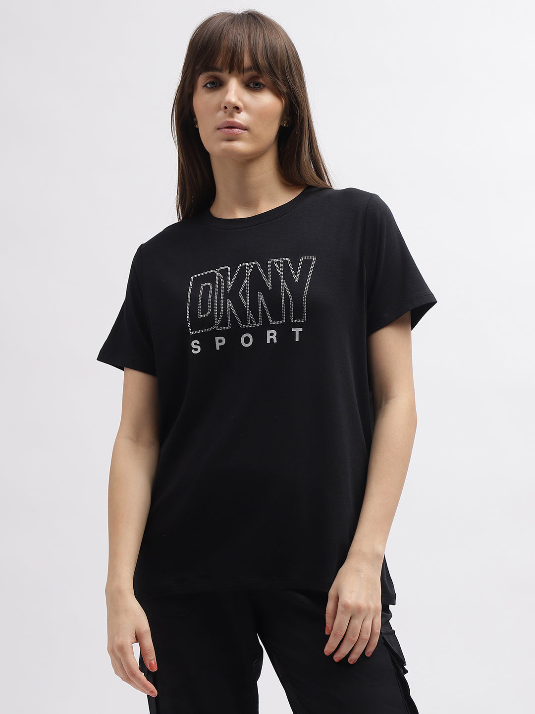 Dkny Women Black Printed Round Neck Short Sleeves Tshirt