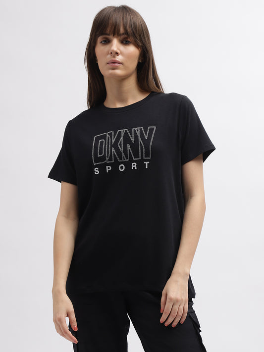 Dkny Women Black Printed Round Neck Short Sleeves Tshirt