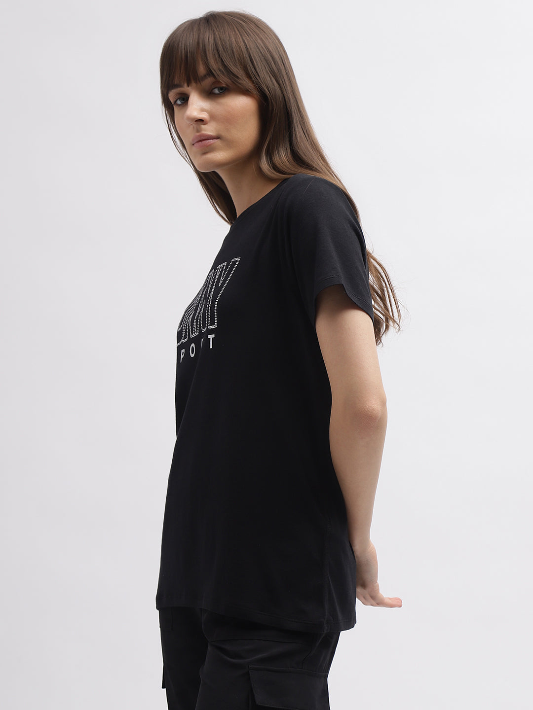 Dkny Women Black Printed Round Neck Short Sleeves Tshirt