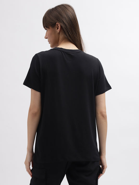 Dkny Women Black Printed Round Neck Short Sleeves Tshirt