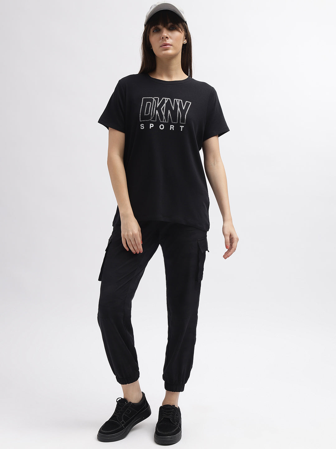 Dkny Women Black Printed Round Neck Short Sleeves Tshirt