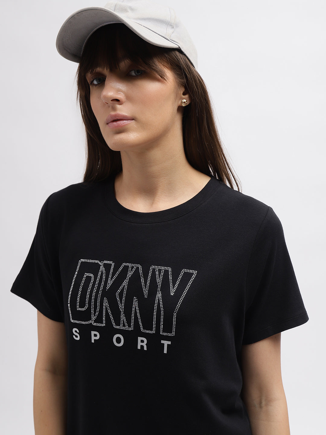 Dkny Women Black Printed Round Neck Short Sleeves Tshirt