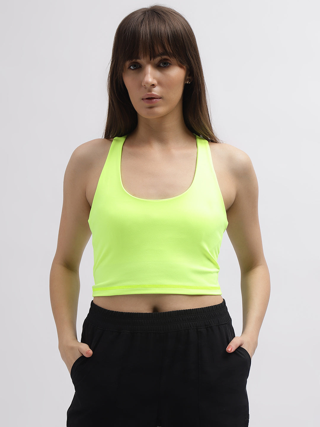 Dkny Women Green Solid Fitted Scoop Neck Sport Bra