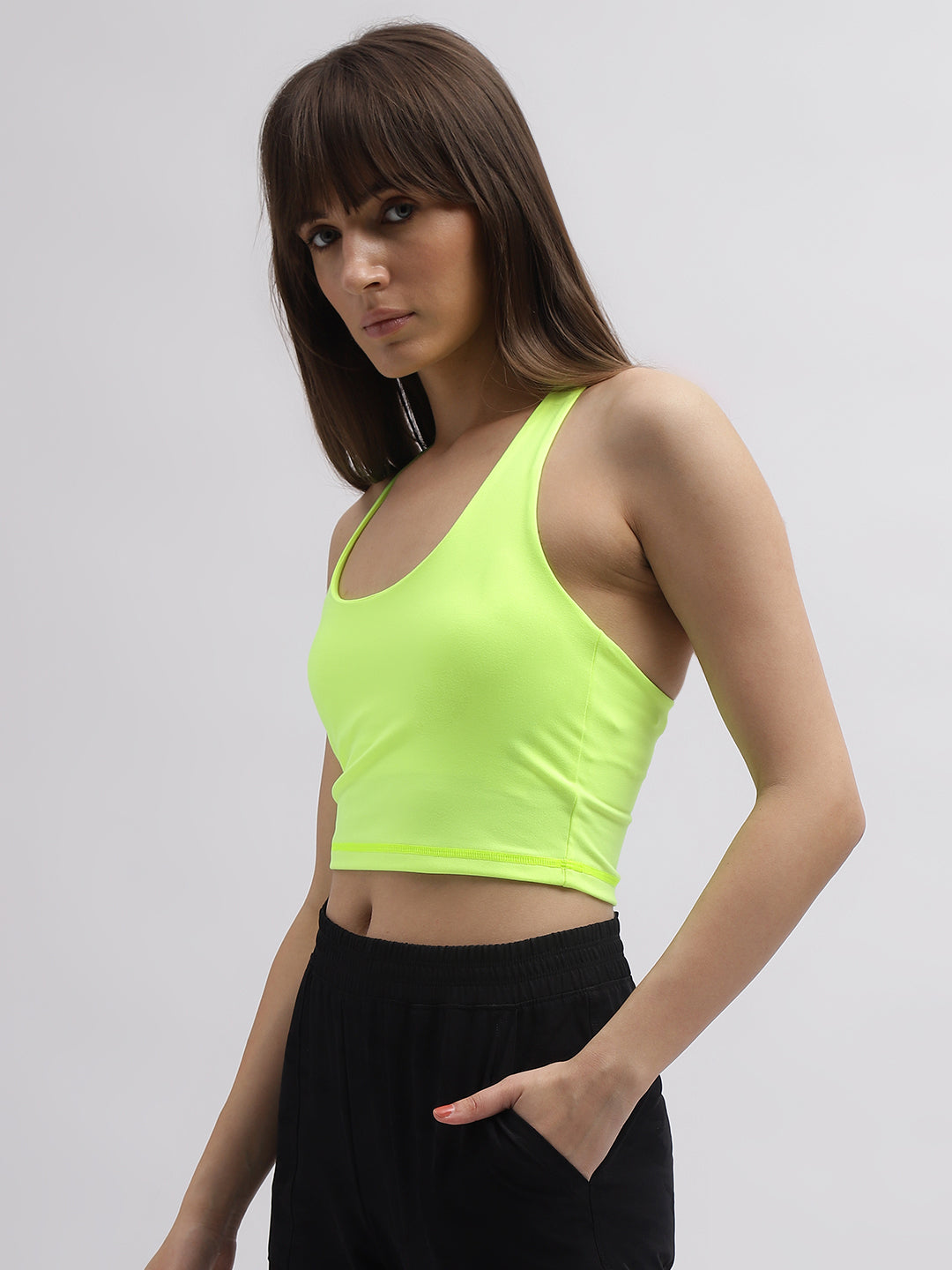 Dkny Women Green Solid Fitted Scoop Neck Sport Bra