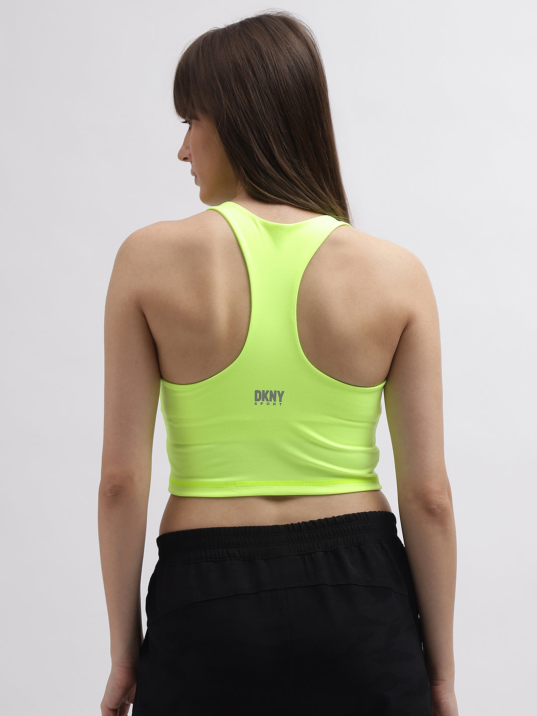 Dkny Women Green Solid Fitted Scoop Neck Sport Bra