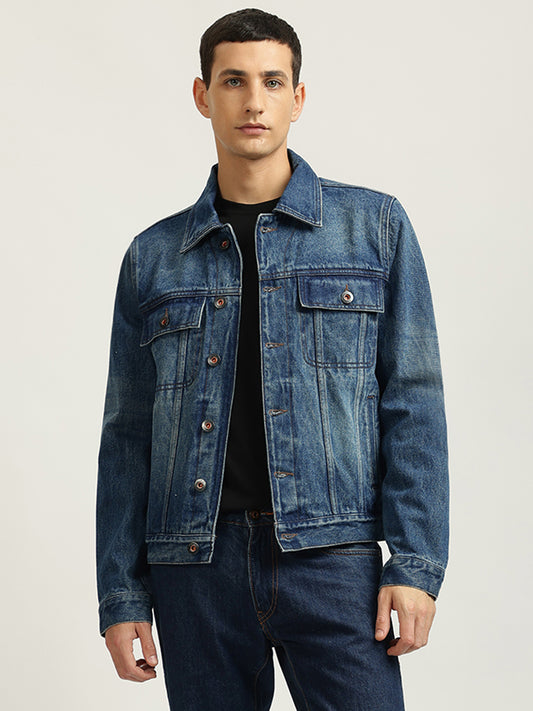 Iconic Men Blue Washed Spread Collar Full Sleeves Denim Jacket