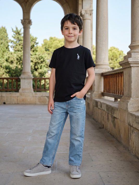 Blue Giraffe Boys Black Solid Round Neck Short Sleeves Tshirt