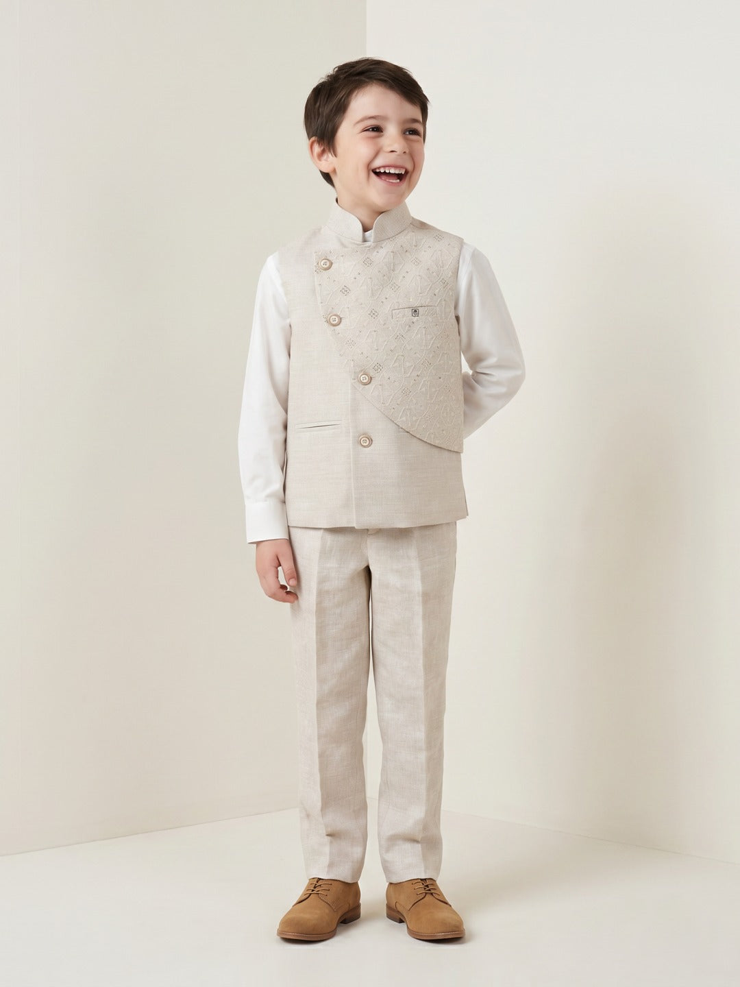 Blue Giraffe Boys Beige Embroidered 3 Piece Set