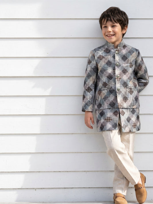 Blue Giraffe Boys Multi Printed Mandarin Collar Full Sleeves 3 Pcs Bandi Set