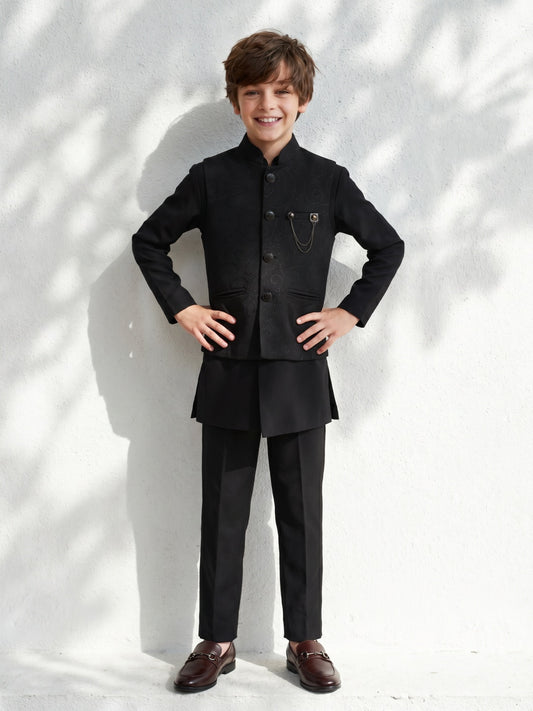 Blue Giraffe Boys Black Embellished Mandarin Collar Shirt-Full, Nehru Jacket-Sleeveless 3 Pcs Bandi Set