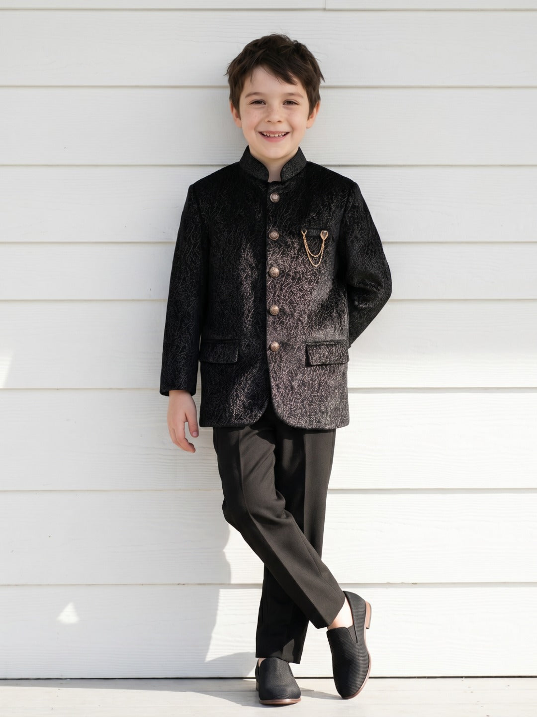 Blue Giraffe Boys Black Self Design Mandarin Collar Full Sleeves Band gala Set