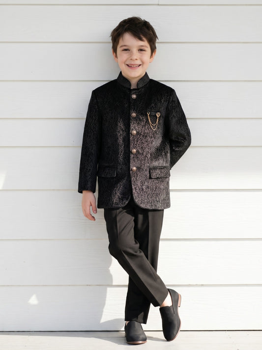 Blue Giraffe Boys Black Self Design Mandarin Collar Full Sleeves Band gala Set