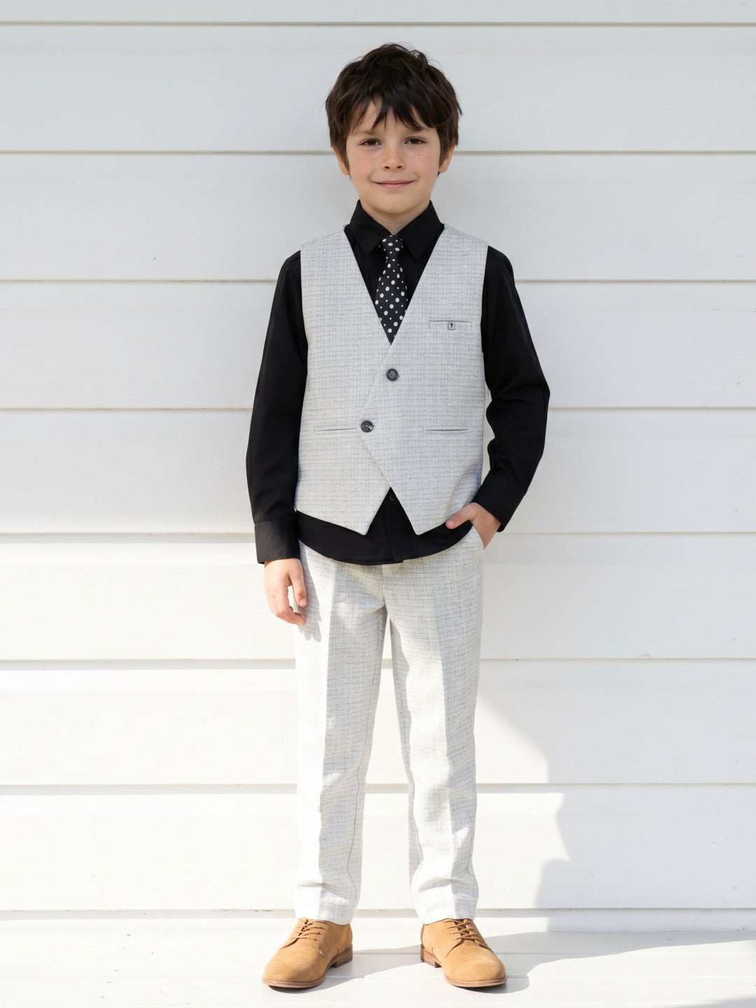 Blue Giraffe Boys Black and White Self Design Spread Collar Full Sleeves Waist Coat Set