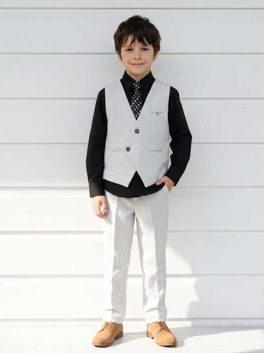 Blue Giraffe Boys Black and White Self Design Spread Collar Full Sleeves Waist Coat Set