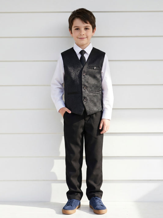 Blue Giraffe Boys Black Textured Spread Collar Full Sleeves Waist Coat Set