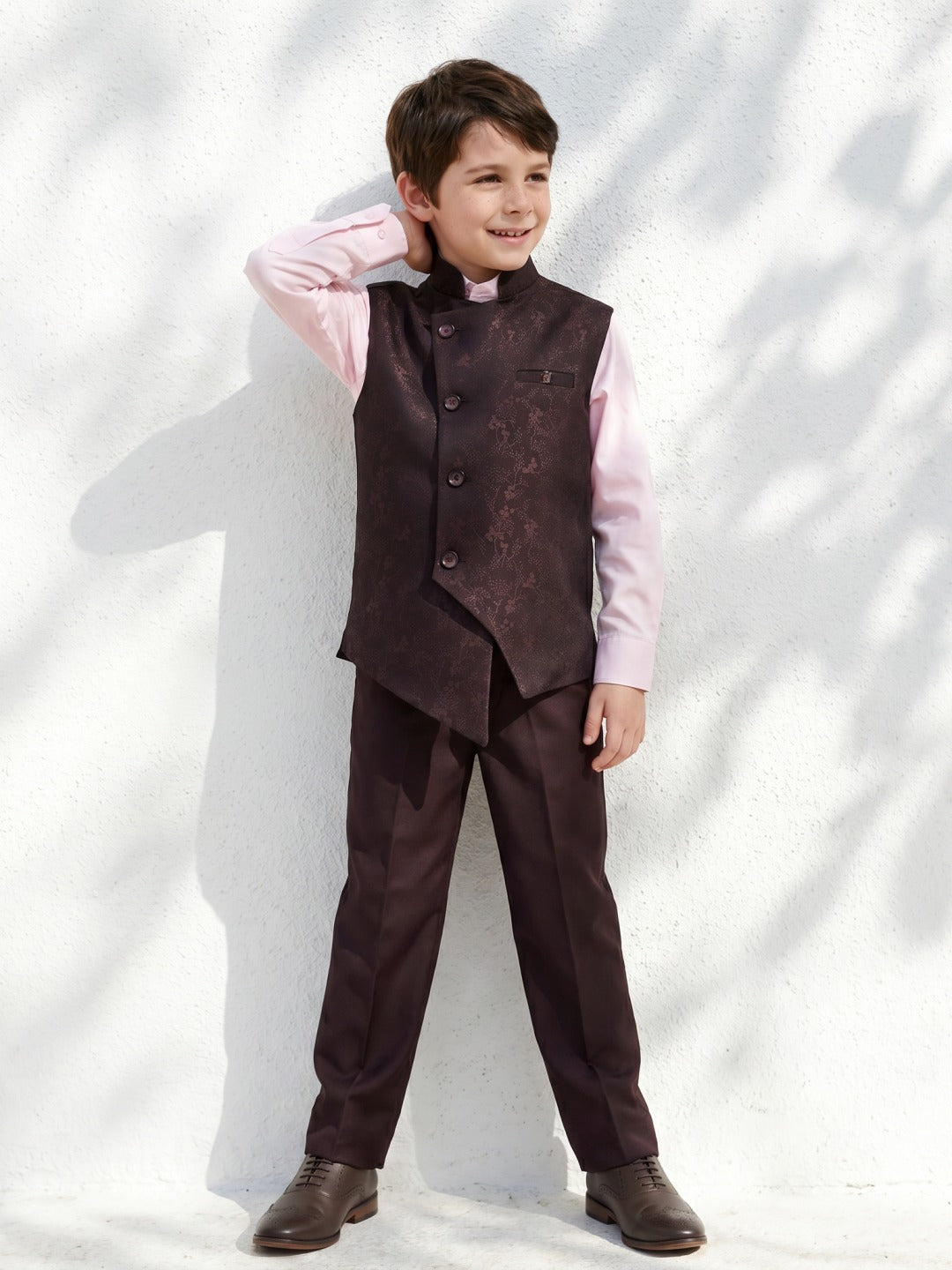 Blue Giraffe Boys Wine Self Design Spread Collar Full Sleeves Waist Coat Set