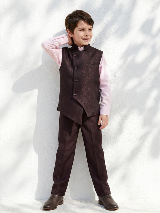 Blue Giraffe Boys Wine Self Design Spread Collar Full Sleeves Waist Coat Set