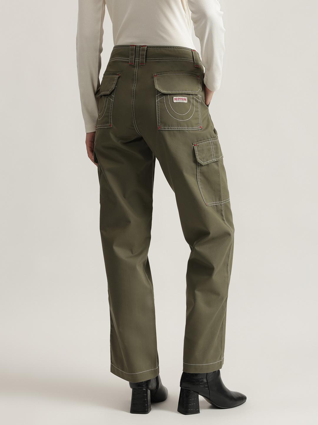 True Religion Women Green Solid Oversized Cargo Trouser